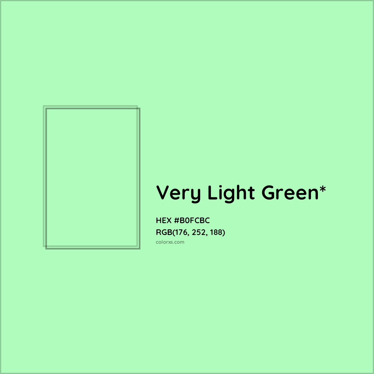 #B0FCBC hex color. RGB, RYB, CMYK, HSL, HSV codes and color conversions. Matching color names, palettes, paints.