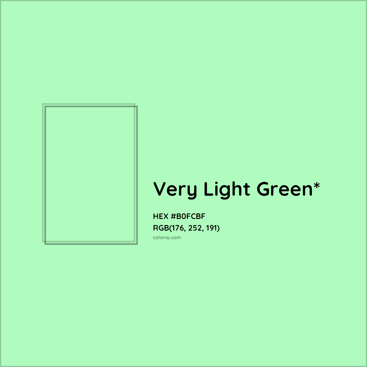 #B0FCBF hex color. RGB, RYB, CMYK, HSL, HSV codes and color conversions. Matching color names, palettes, paints.