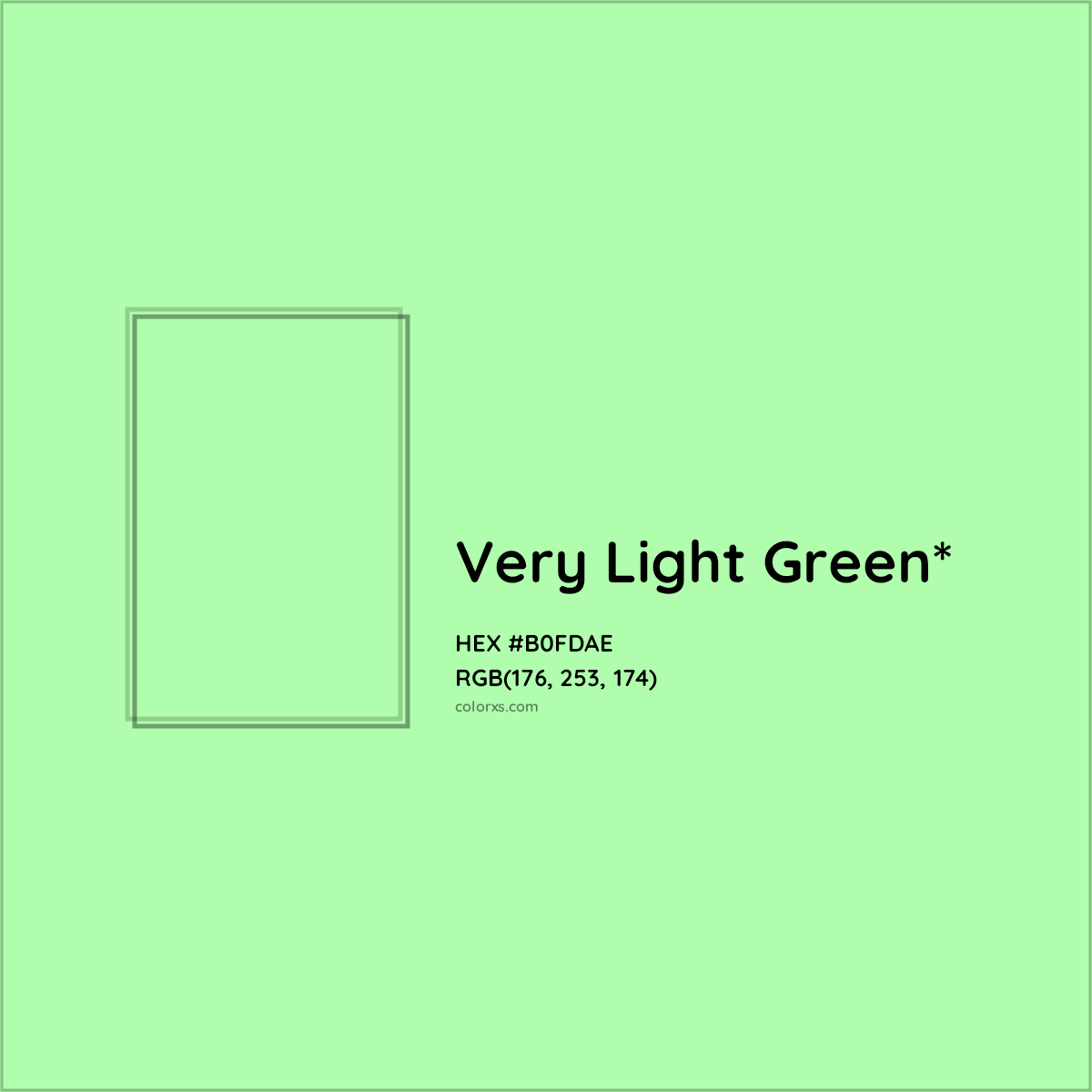 #B0FDAE hex color. RGB, RYB, CMYK, HSL, HSV codes and color conversions. Matching color names, palettes, paints.