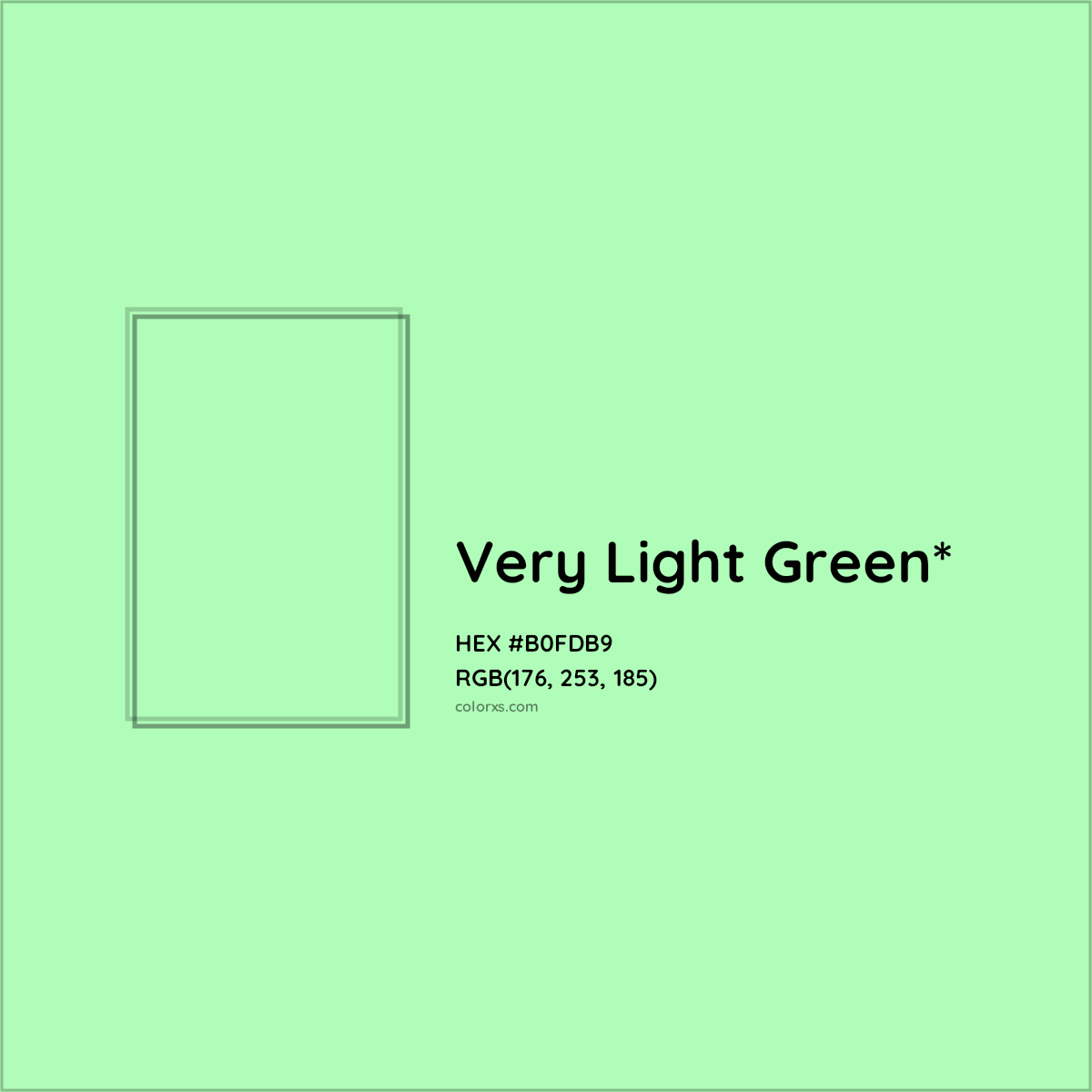 #B0FDB9 hex color. RGB, RYB, CMYK, HSL, HSV codes and color conversions. Matching color names, palettes, paints.