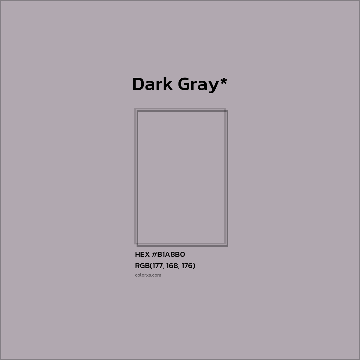 #B1A8B0 hex color. RGB, RYB, CMYK, HSL, HSV codes and color conversions. Matching color names, palettes, paints.