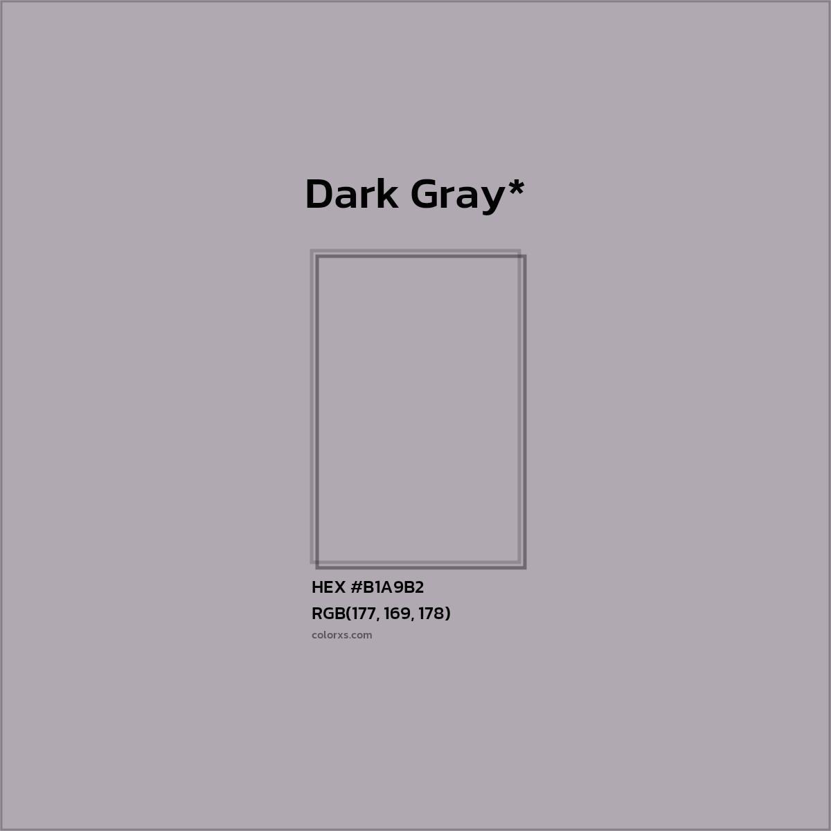 #B1A9B2 hex color. RGB, RYB, CMYK, HSL, HSV codes and color conversions. Matching color names, palettes, paints.