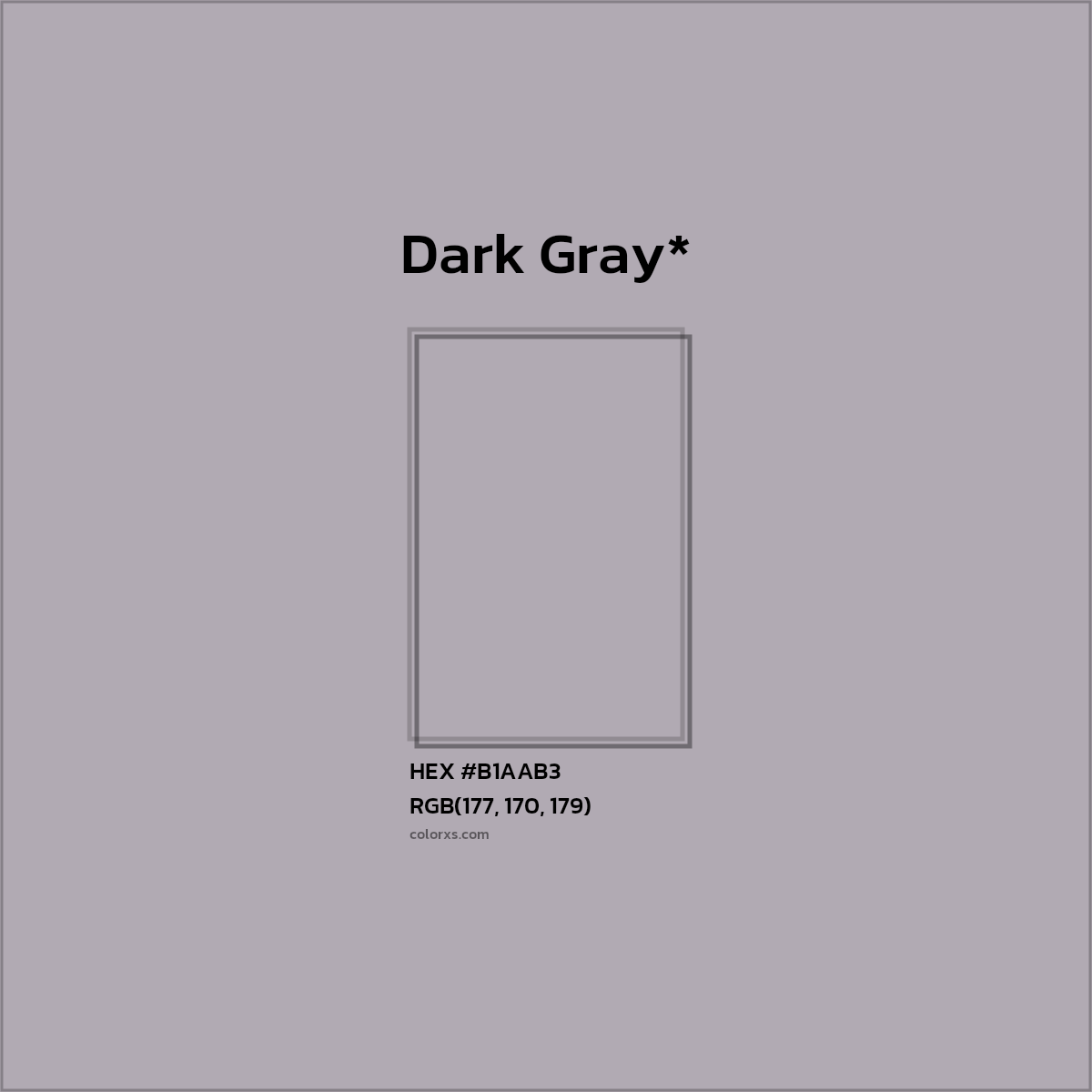 #B1AAB3 hex color. RGB, RYB, CMYK, HSL, HSV codes and color conversions. Matching color names, palettes, paints.