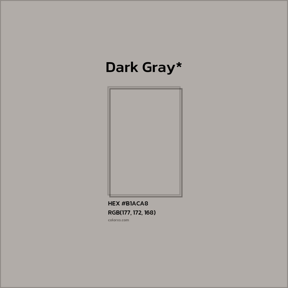 #B1ACA8 hex color. RGB, RYB, CMYK, HSL, HSV codes and color conversions. Matching color names, palettes, paints.