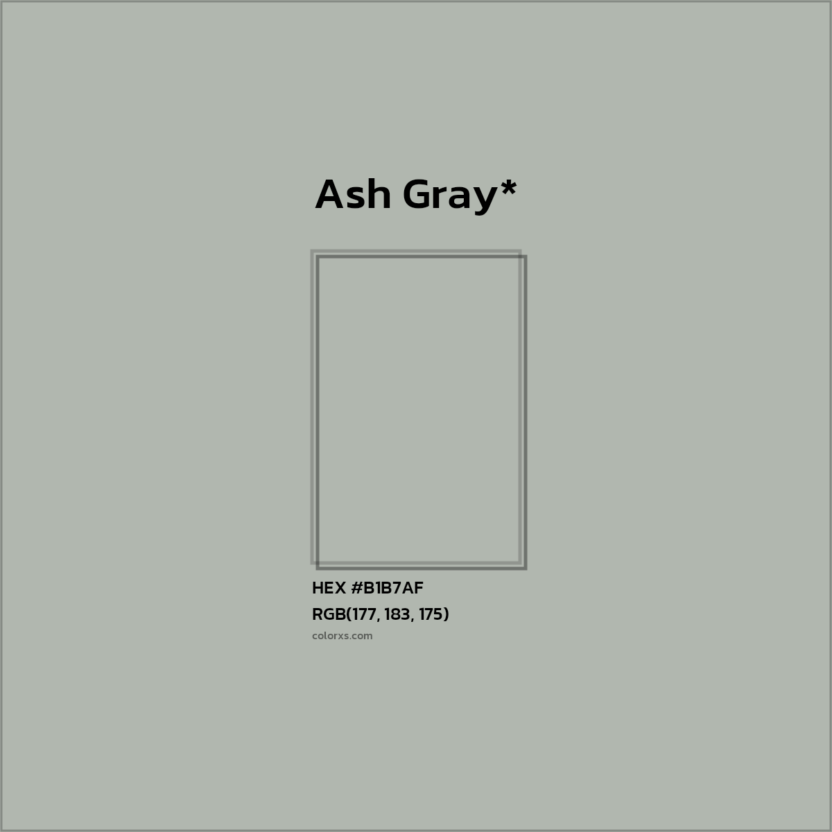 #B1B7AF hex color. RGB, RYB, CMYK, HSL, HSV codes and color conversions. Matching color names, palettes, paints.