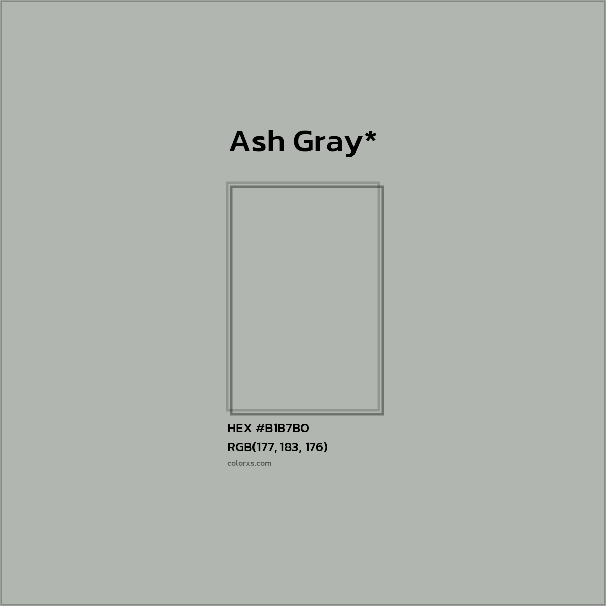 #B1B7B0 hex color. RGB, RYB, CMYK, HSL, HSV codes and color conversions. Matching color names, palettes, paints.