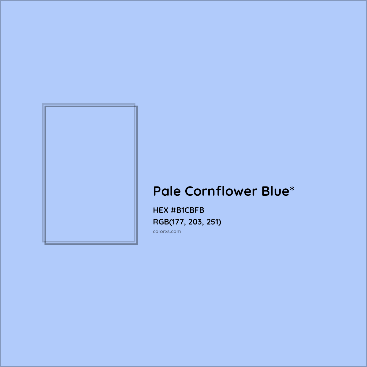 #B1CBFB hex color. RGB, RYB, CMYK, HSL, HSV codes and color conversions. Matching color names, palettes, paints.