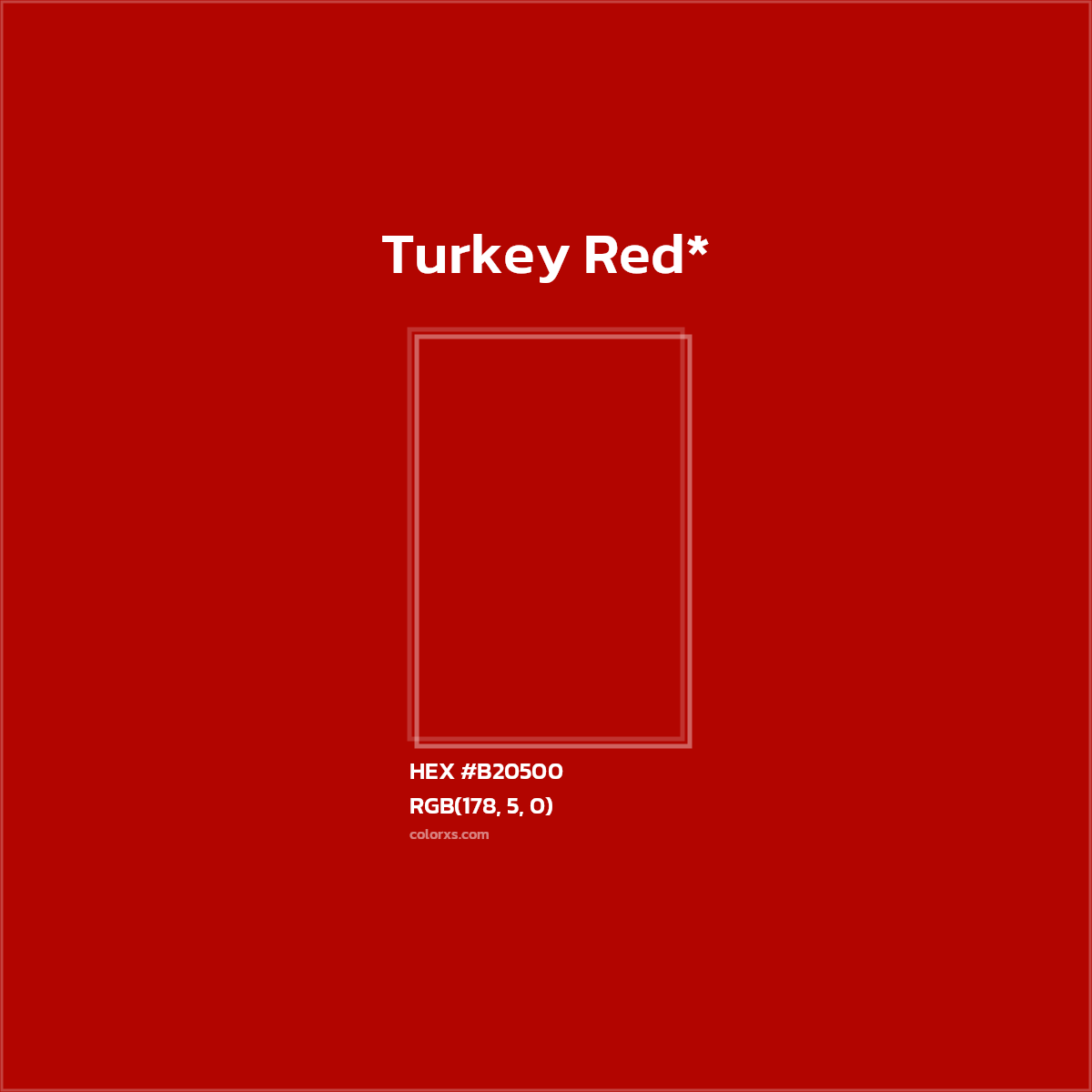 #B20500 hex color. RGB, RYB, CMYK, HSL, HSV codes and color conversions. Matching color names, palettes, paints.