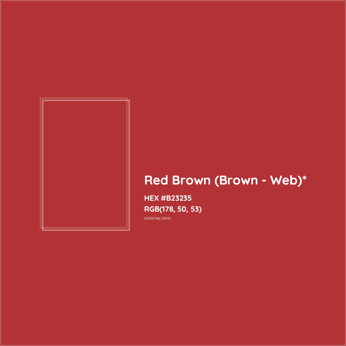 #B23235 hex color. RGB, RYB, CMYK, HSL, HSV codes and color conversions. Matching color names, palettes, paints.