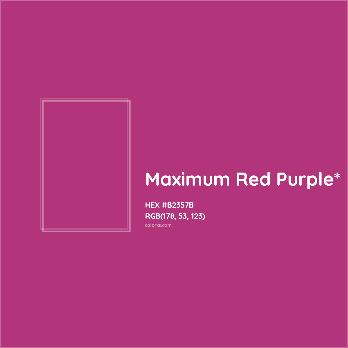 #B2357B hex color. RGB, RYB, CMYK, HSL, HSV codes and color conversions. Matching color names, palettes, paints.