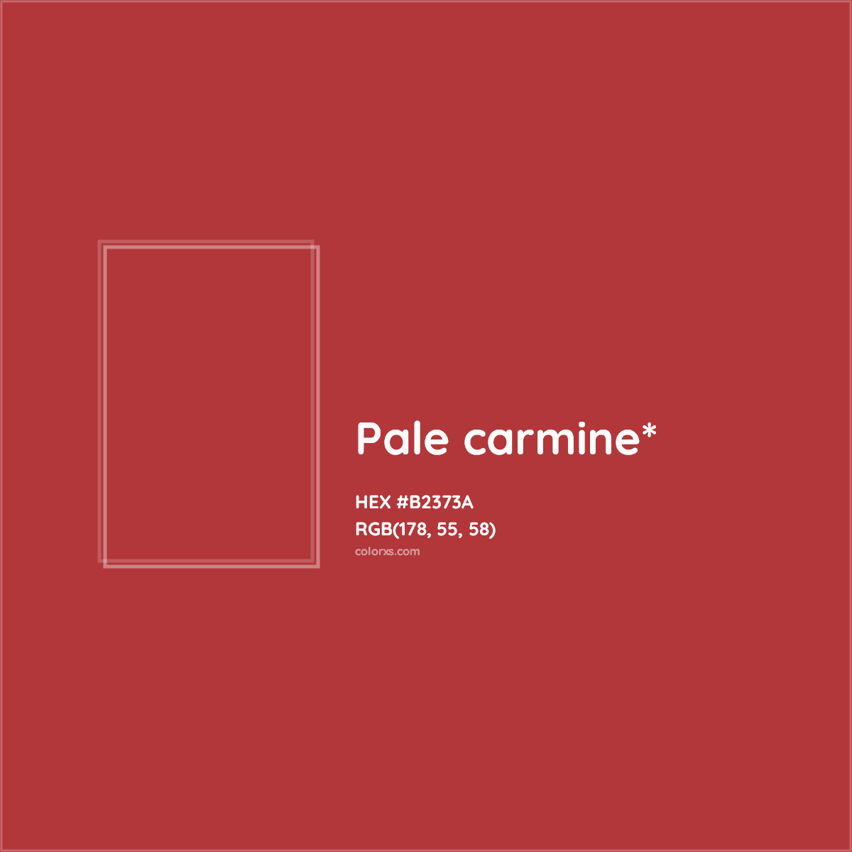 #B2373A hex color. RGB, RYB, CMYK, HSL, HSV codes and color conversions. Matching color names, palettes, paints.