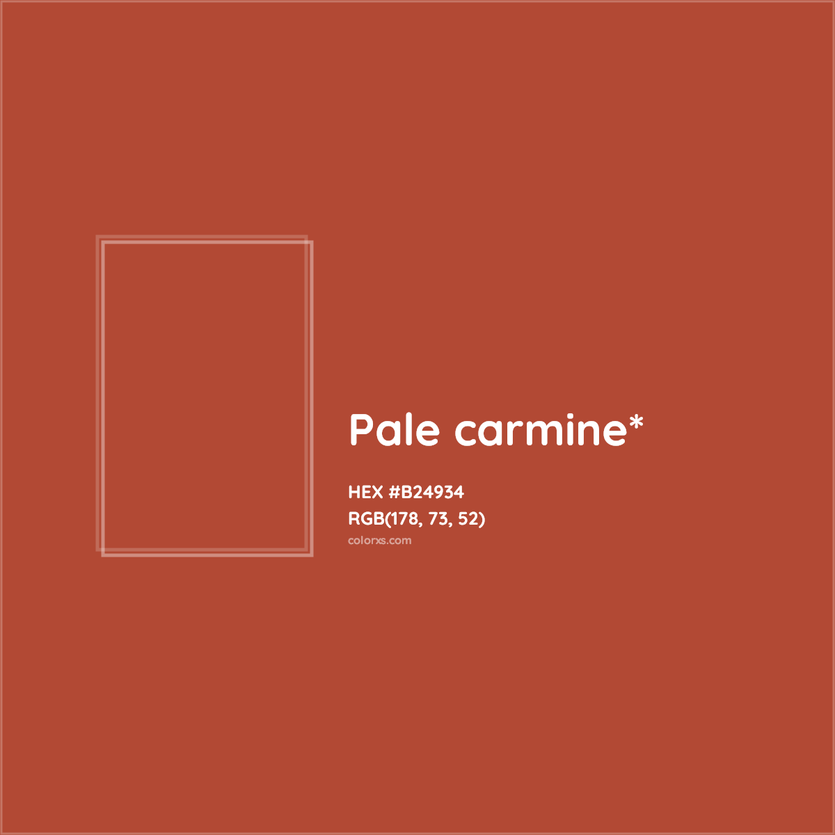 #B24934 hex color. RGB, RYB, CMYK, HSL, HSV codes and color conversions. Matching color names, palettes, paints.