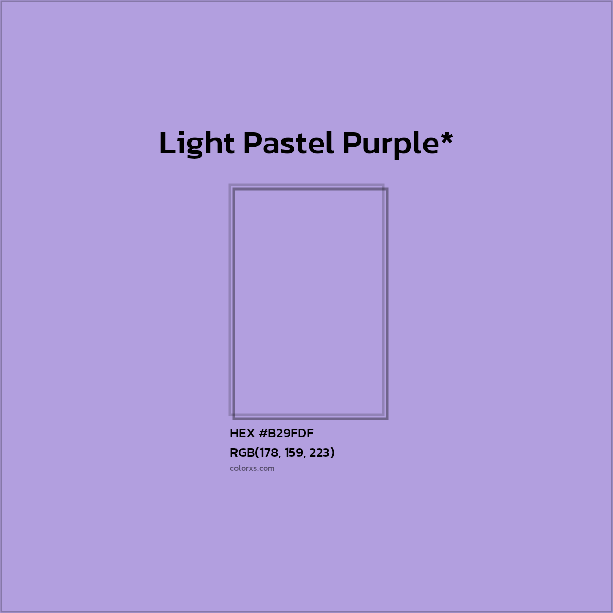 #B29FDF hex color. RGB, RYB, CMYK, HSL, HSV codes and color conversions. Matching color names, palettes, paints.