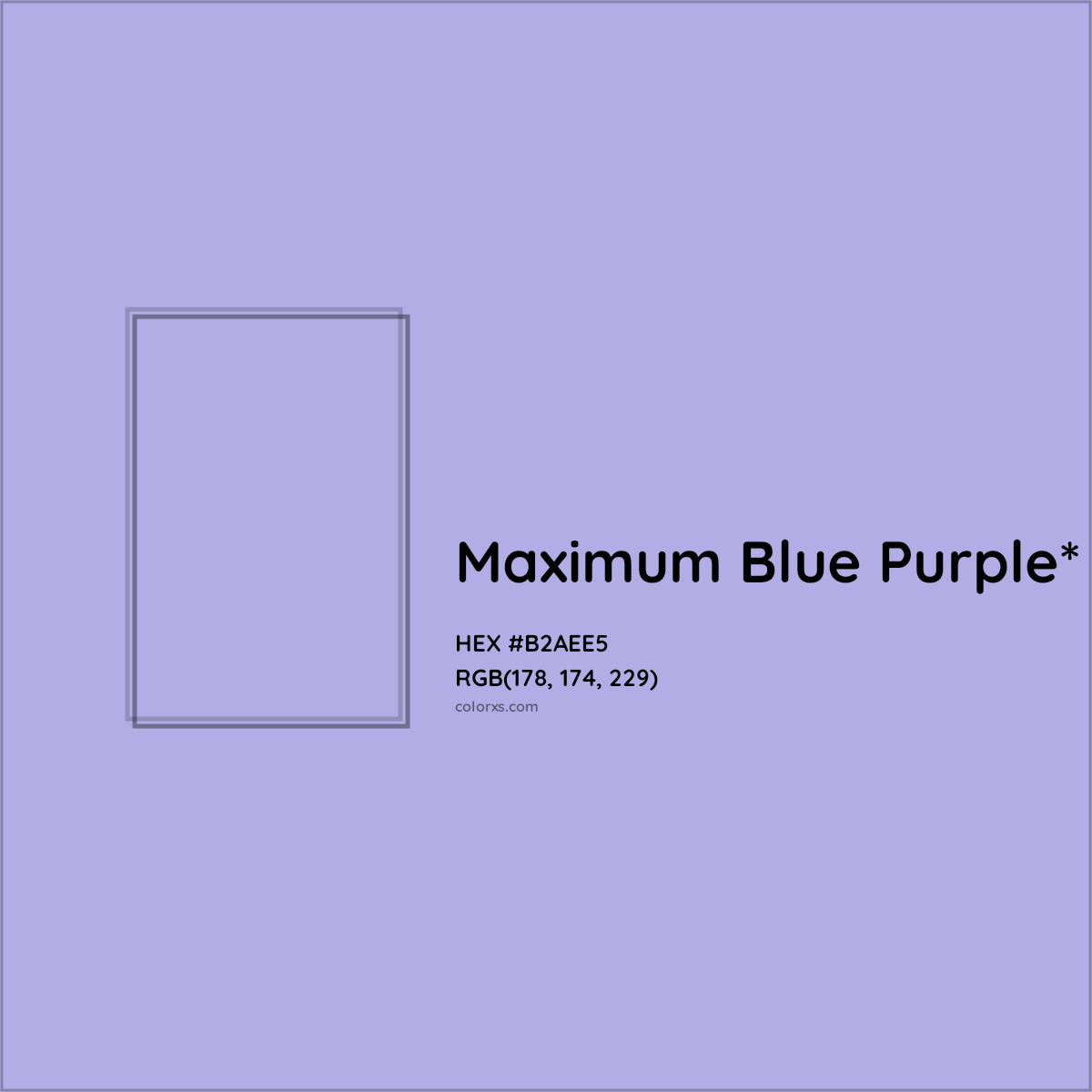 #B2AEE5 hex color. RGB, RYB, CMYK, HSL, HSV codes and color conversions. Matching color names, palettes, paints.