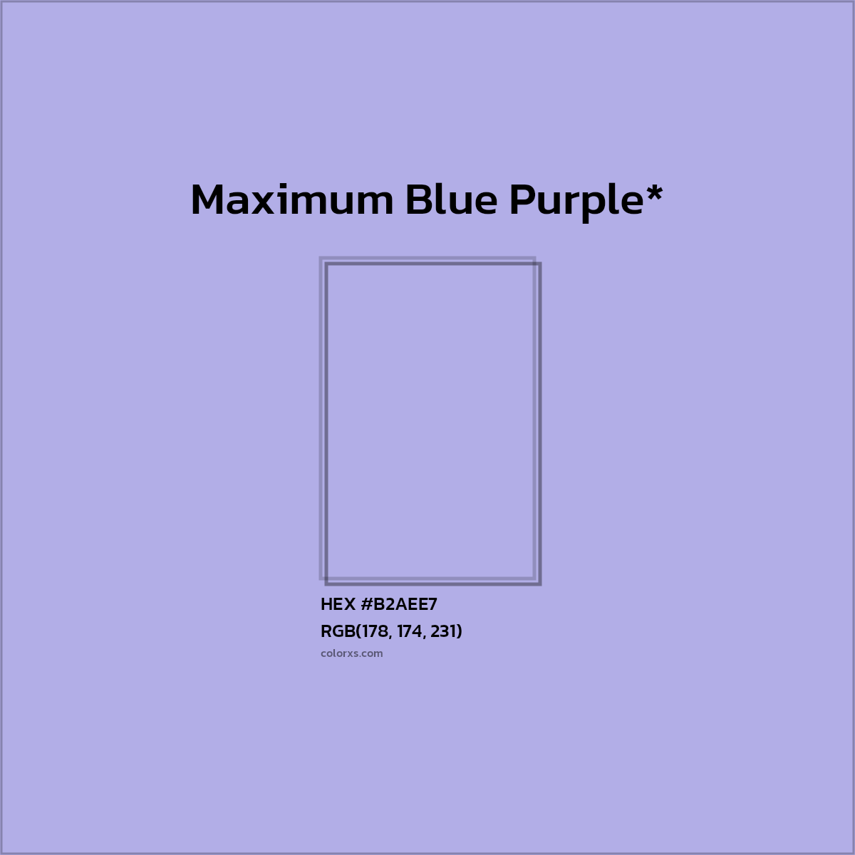 #B2AEE7 hex color. RGB, RYB, CMYK, HSL, HSV codes and color conversions. Matching color names, palettes, paints.