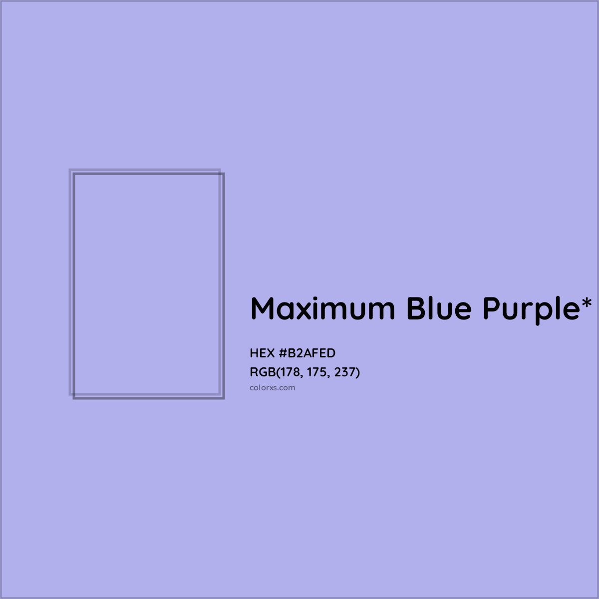 #B2AFED hex color. RGB, RYB, CMYK, HSL, HSV codes and color conversions. Matching color names, palettes, paints.