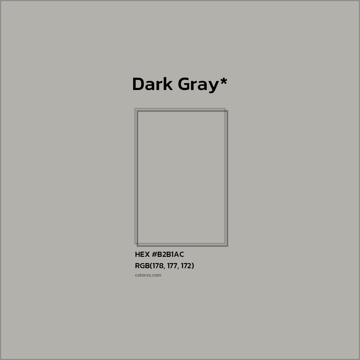 #B2B1AC hex color. RGB, RYB, CMYK, HSL, HSV codes and color conversions. Matching color names, palettes, paints.