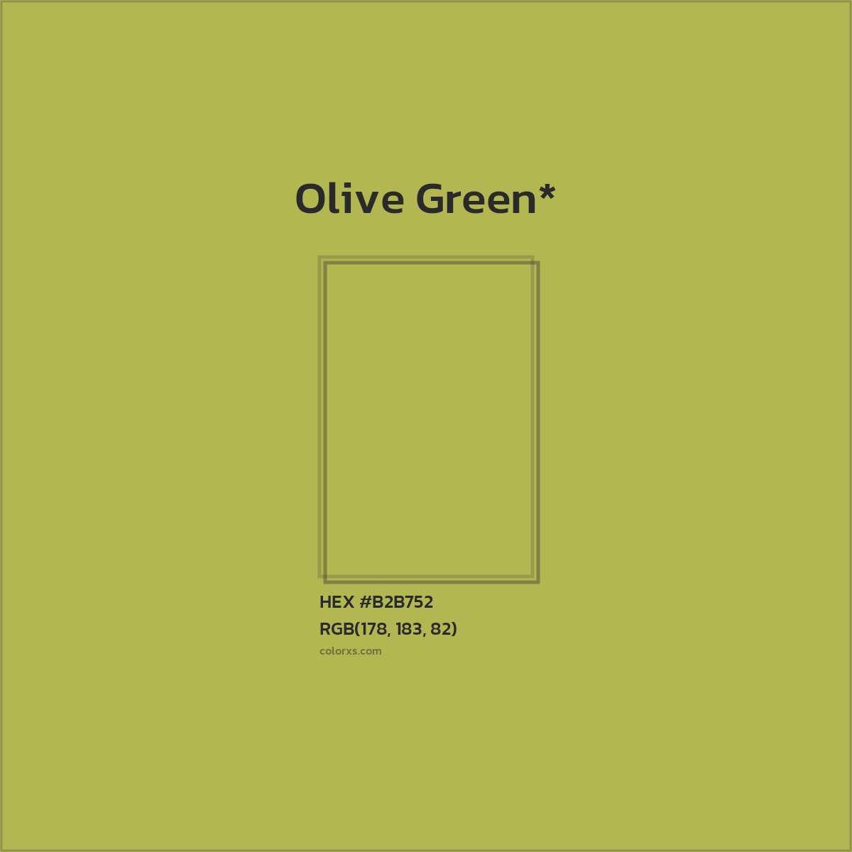 #B2B752 hex color. RGB, RYB, CMYK, HSL, HSV codes and color conversions. Matching color names, palettes, paints.