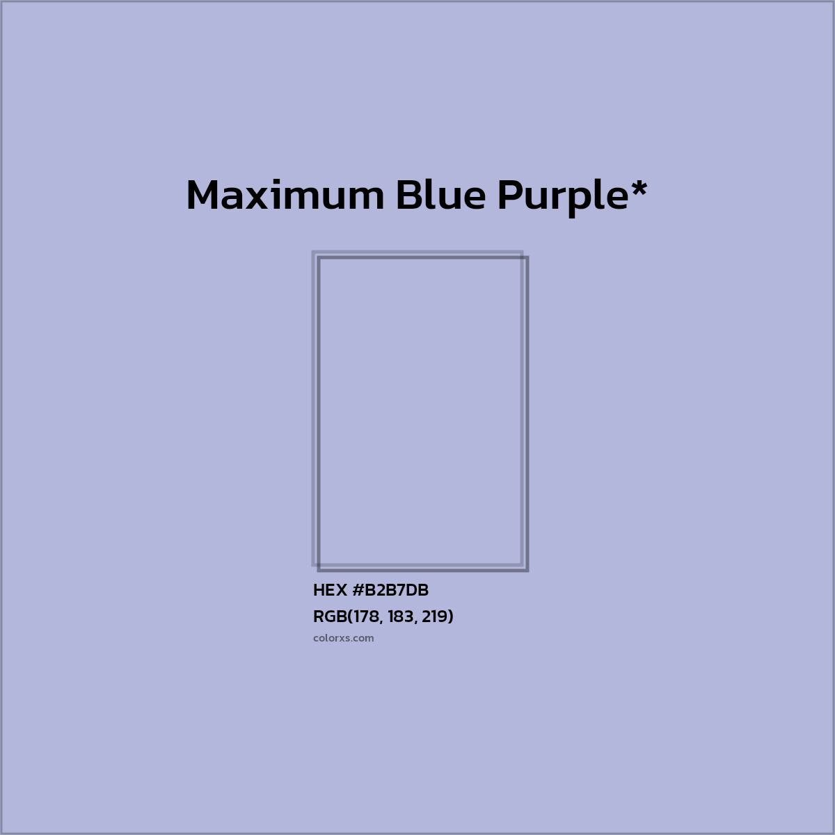 #B2B7DB hex color. RGB, RYB, CMYK, HSL, HSV codes and color conversions. Matching color names, palettes, paints.