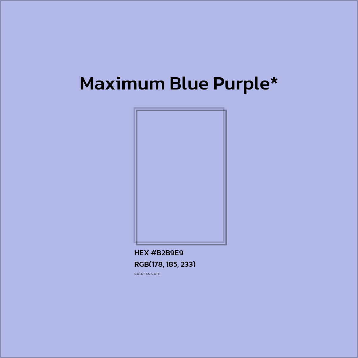 #B2B9E9 hex color. RGB, RYB, CMYK, HSL, HSV codes and color conversions. Matching color names, palettes, paints.
