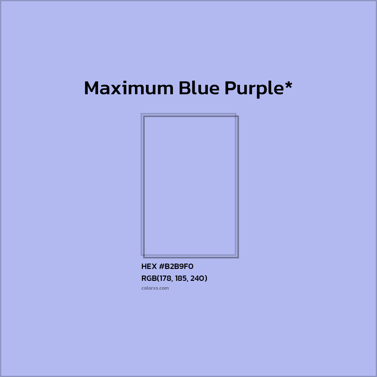 #B2B9F0 hex color. RGB, RYB, CMYK, HSL, HSV codes and color conversions. Matching color names, palettes, paints.
