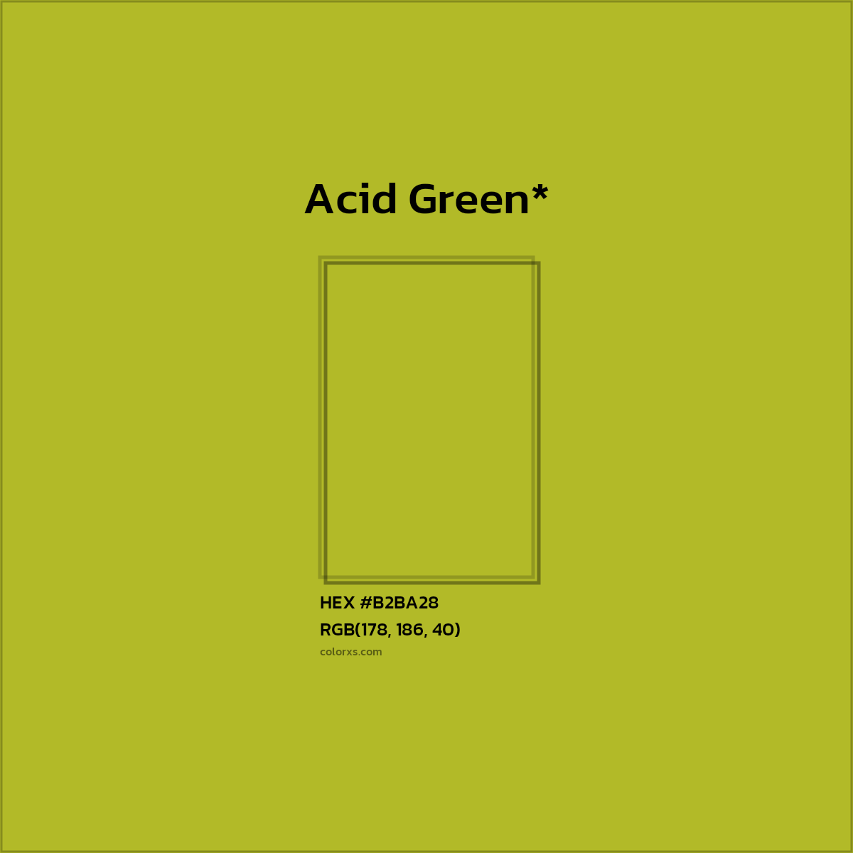 #B2BA28 hex color. RGB, RYB, CMYK, HSL, HSV codes and color conversions. Matching color names, palettes, paints.