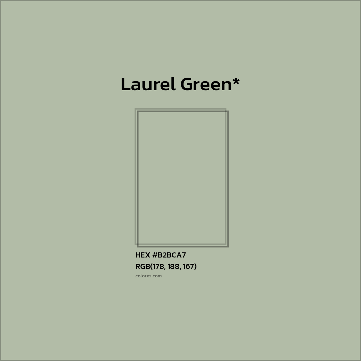 #B2BCA7 hex color. RGB, RYB, CMYK, HSL, HSV codes and color conversions. Matching color names, palettes, paints.
