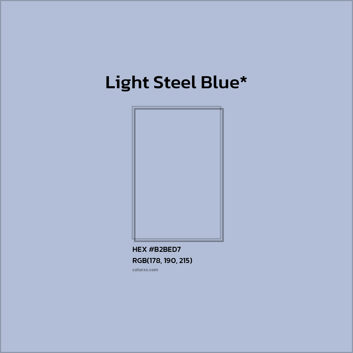 #B2BED7 hex color. RGB, RYB, CMYK, HSL, HSV codes and color conversions. Matching color names, palettes, paints.