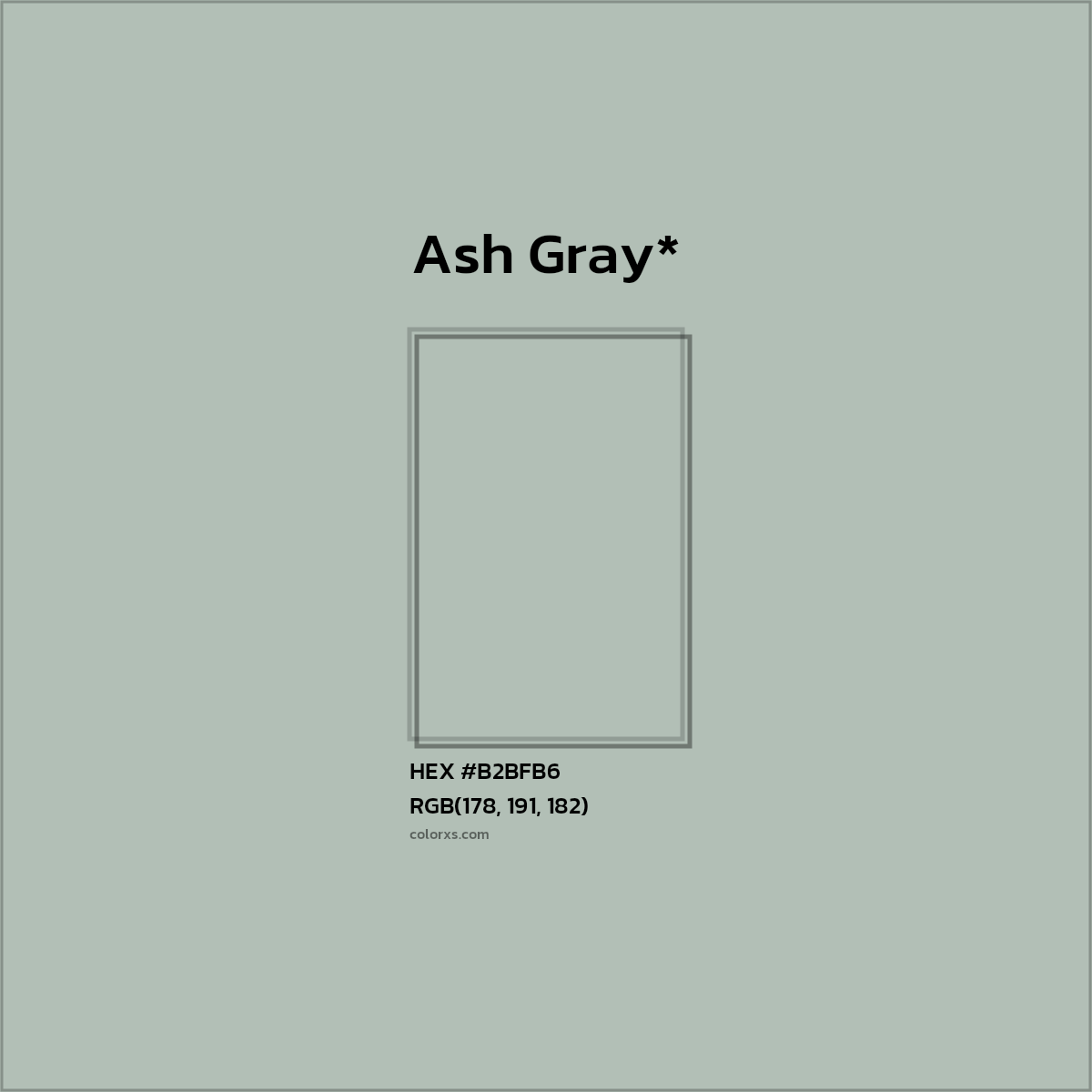 #B2BFB6 hex color. RGB, RYB, CMYK, HSL, HSV codes and color conversions. Matching color names, palettes, paints.