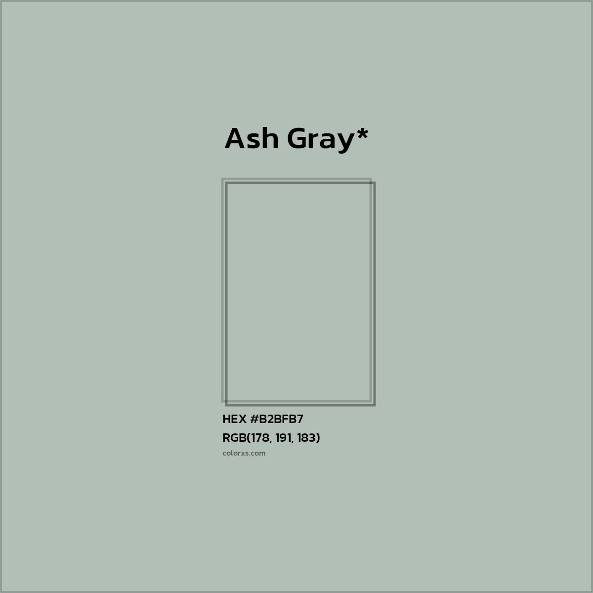 #B2BFB7 hex color. RGB, RYB, CMYK, HSL, HSV codes and color conversions. Matching color names, palettes, paints.
