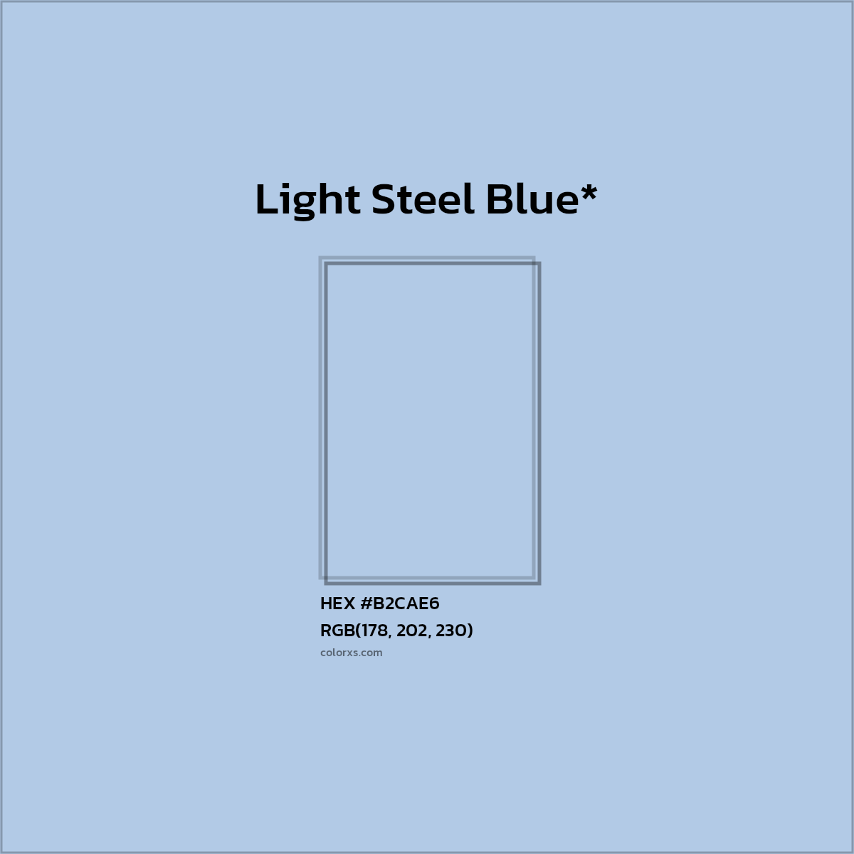 #B2CAE6 hex color. RGB, RYB, CMYK, HSL, HSV codes and color conversions. Matching color names, palettes, paints.