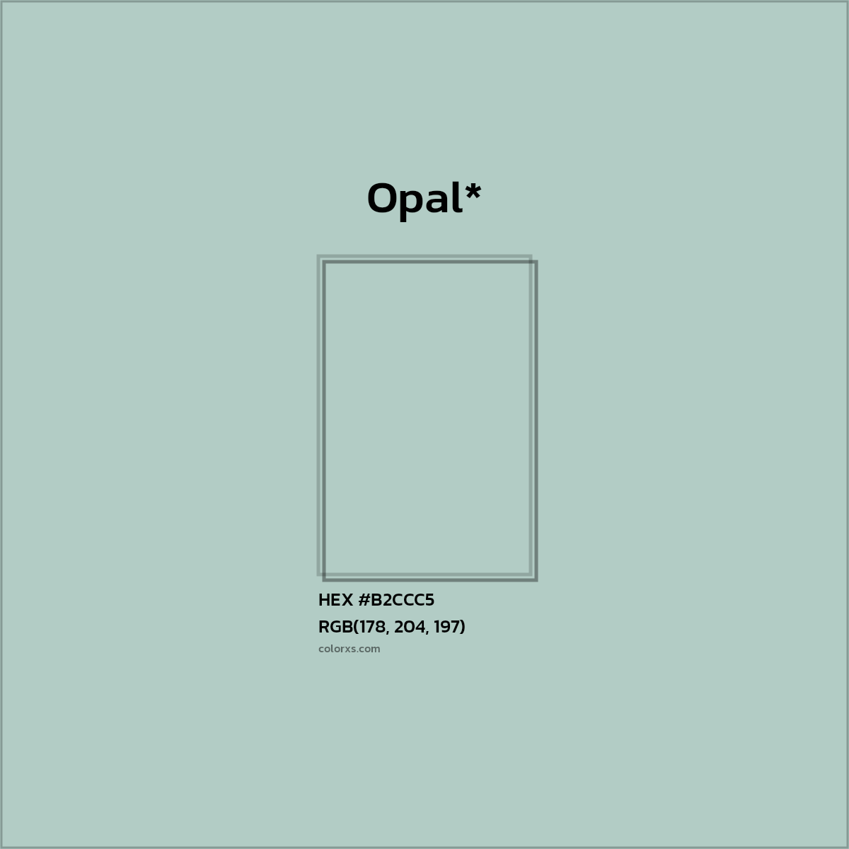 #B2CCC5 hex color. RGB, RYB, CMYK, HSL, HSV codes and color conversions. Matching color names, palettes, paints.