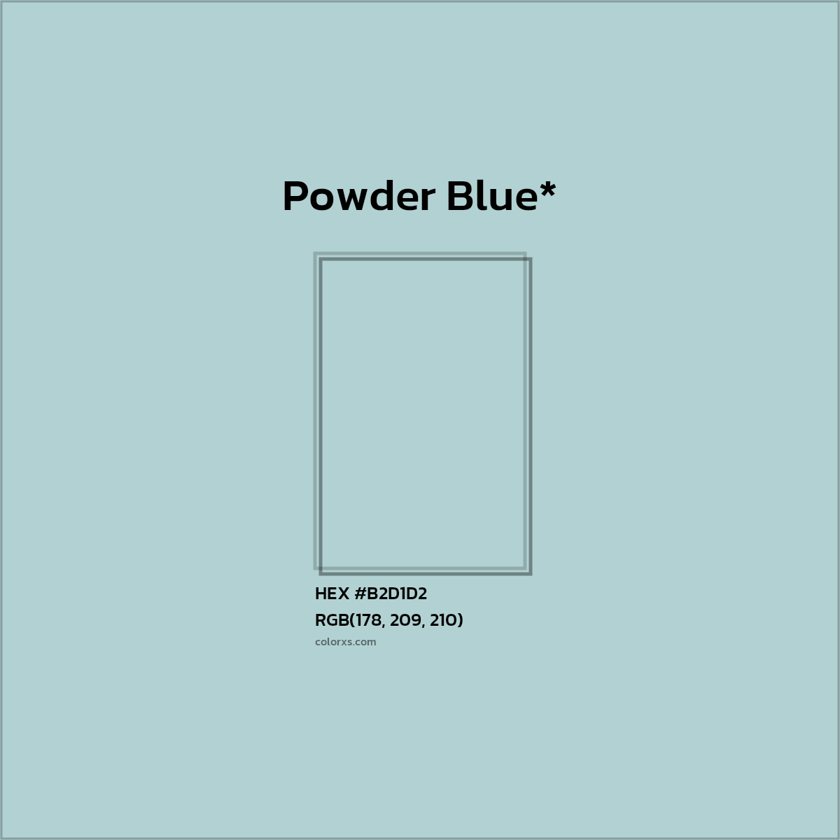 #B2D1D2 hex color. RGB, RYB, CMYK, HSL, HSV codes and color conversions. Matching color names, palettes, paints.