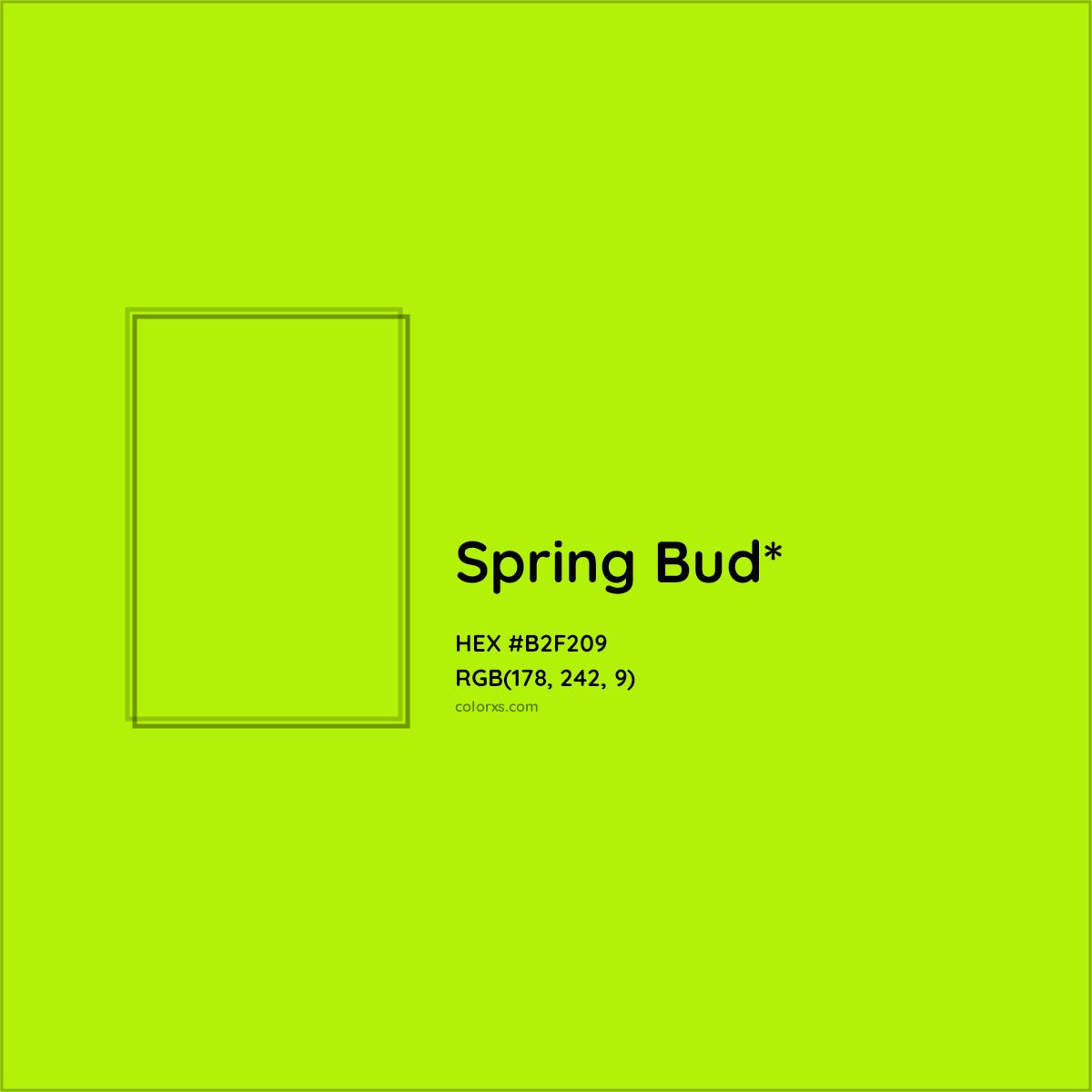 #B2F209 hex color. RGB, RYB, CMYK, HSL, HSV codes and color conversions. Matching color names, palettes, paints.