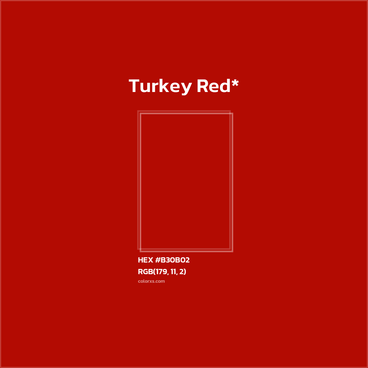 #B30B02 hex color. RGB, RYB, CMYK, HSL, HSV codes and color conversions. Matching color names, palettes, paints.