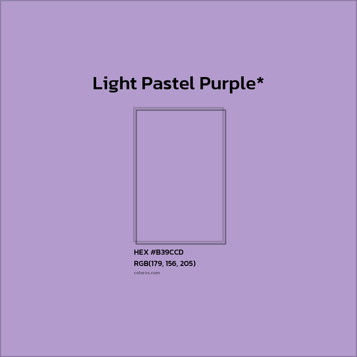 #B39CCD hex color. RGB, RYB, CMYK, HSL, HSV codes and color conversions. Matching color names, palettes, paints.