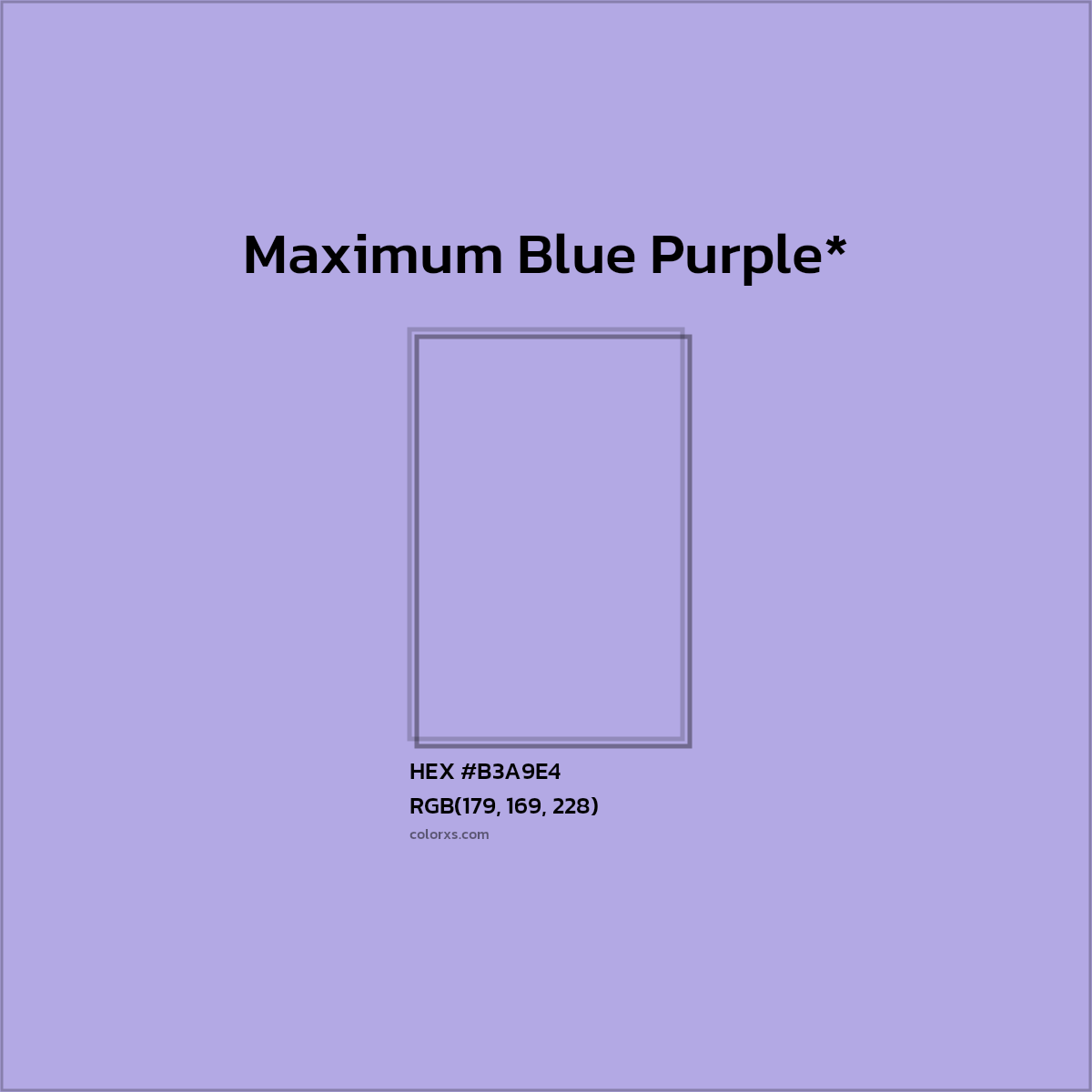 #B3A9E4 hex color. RGB, RYB, CMYK, HSL, HSV codes and color conversions. Matching color names, palettes, paints.