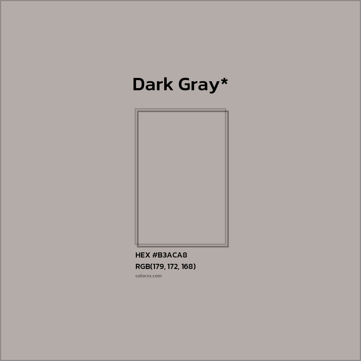 #B3ACA8 hex color. RGB, RYB, CMYK, HSL, HSV codes and color conversions. Matching color names, palettes, paints.