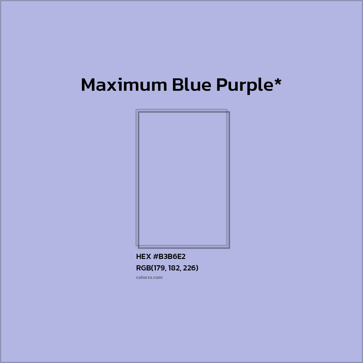 #B3B6E2 hex color. RGB, RYB, CMYK, HSL, HSV codes and color conversions. Matching color names, palettes, paints.