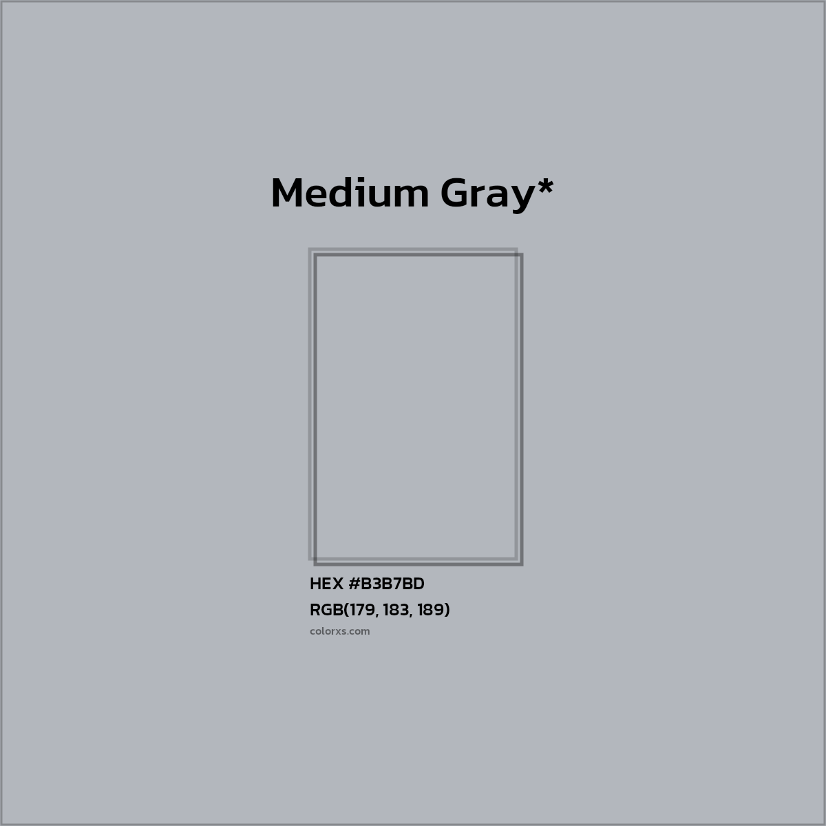 #B3B7BD hex color. RGB, RYB, CMYK, HSL, HSV codes and color conversions. Matching color names, palettes, paints.