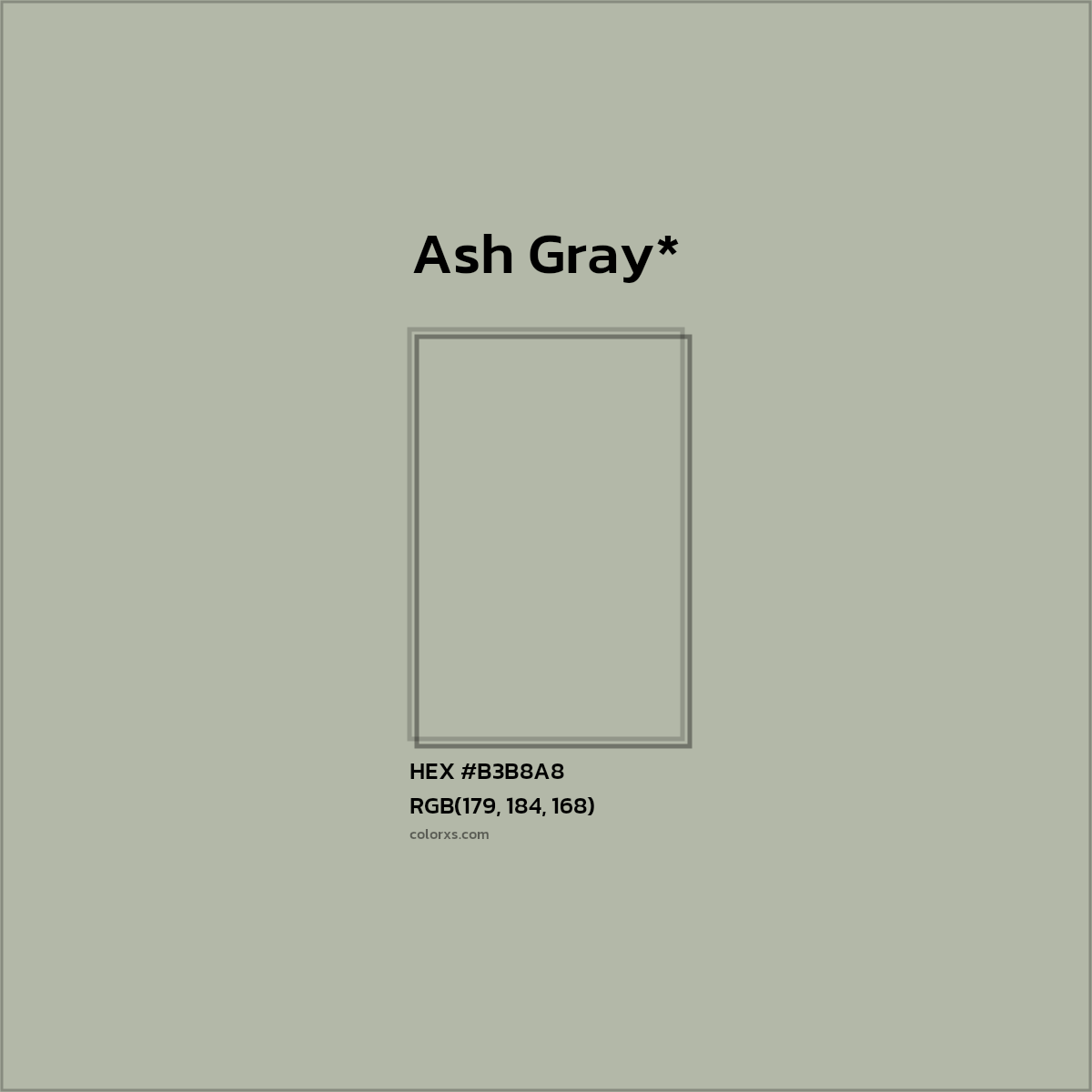 #B3B8A8 hex color. RGB, RYB, CMYK, HSL, HSV codes and color conversions. Matching color names, palettes, paints.