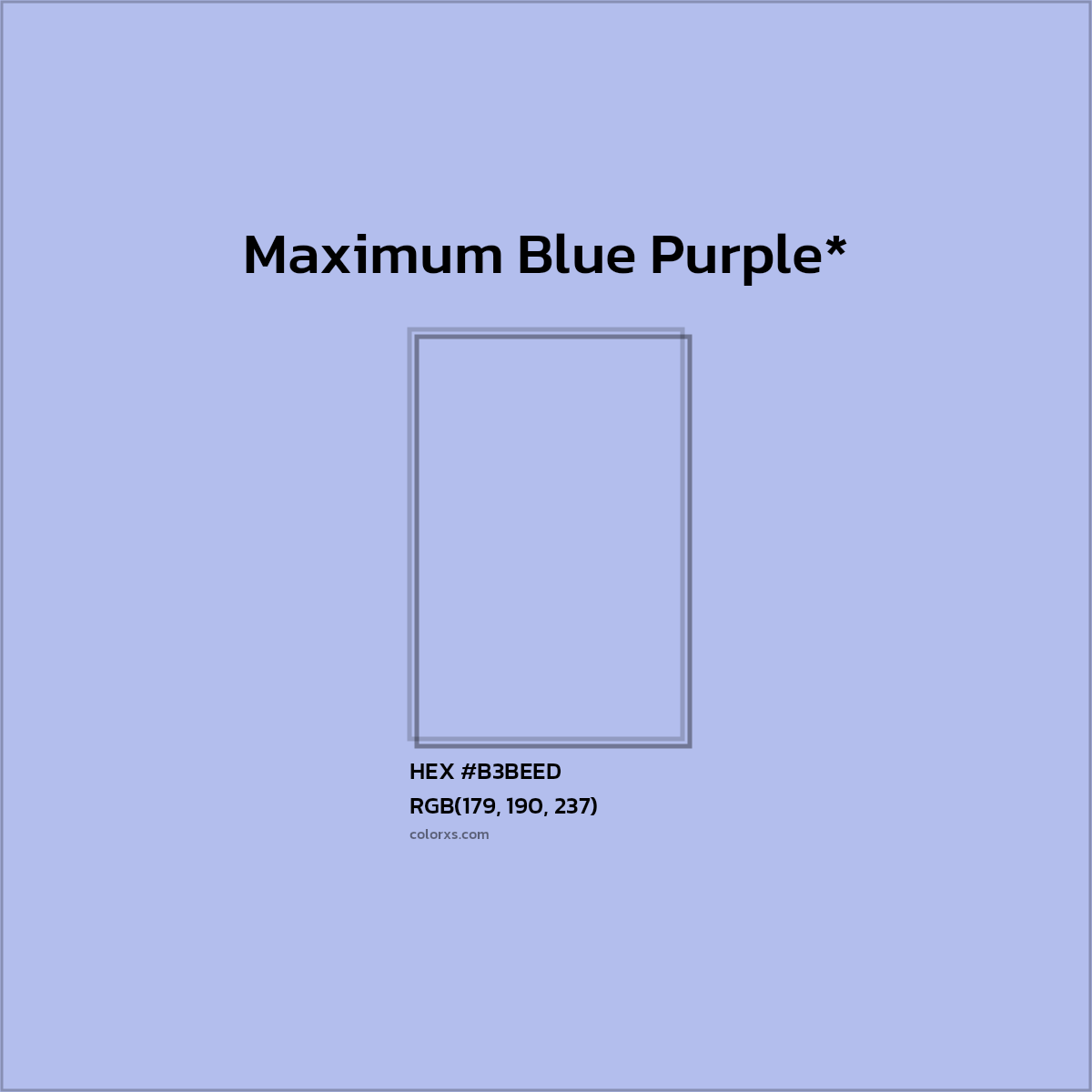 #B3BEED hex color. RGB, RYB, CMYK, HSL, HSV codes and color conversions. Matching color names, palettes, paints.