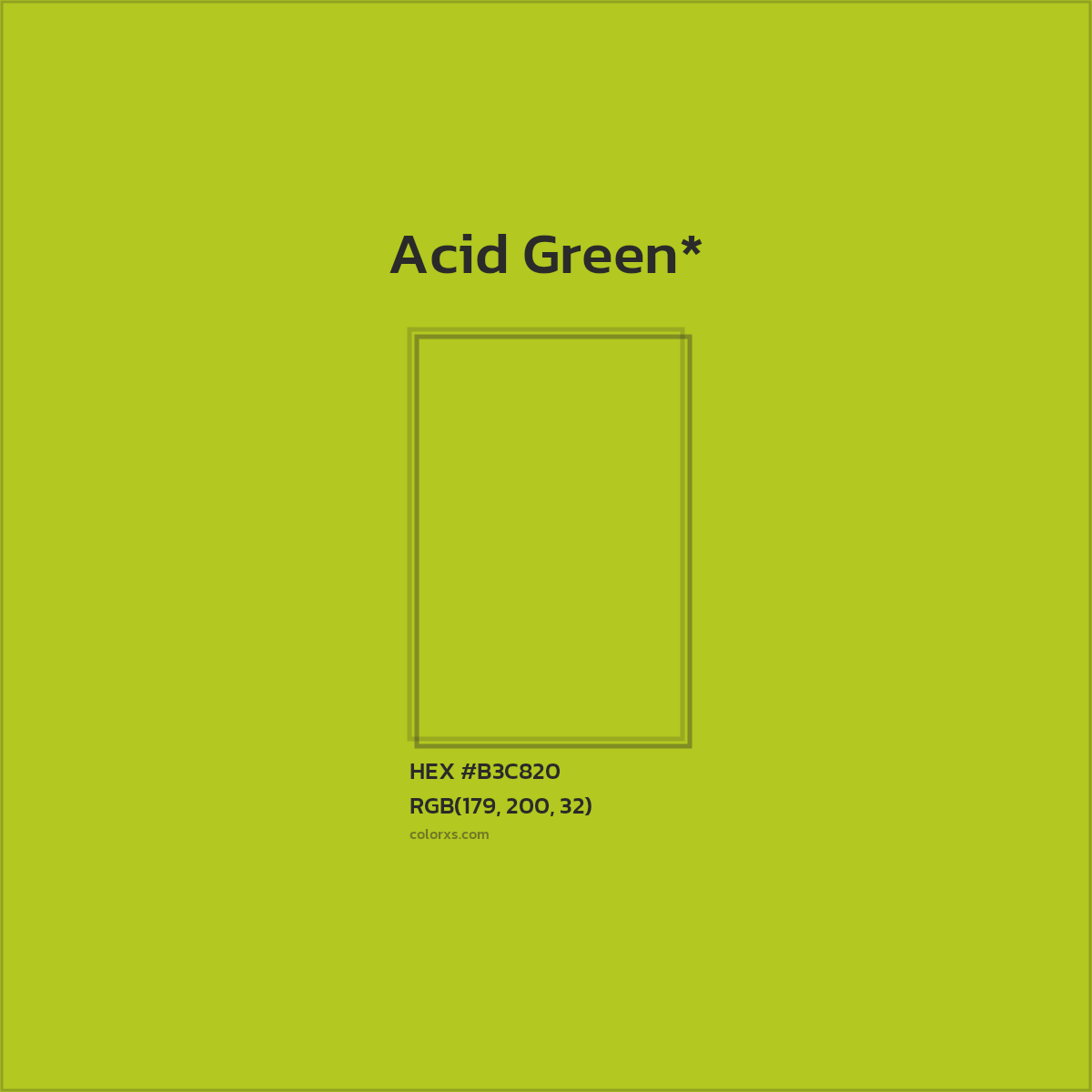 #B3C820 hex color. RGB, RYB, CMYK, HSL, HSV codes and color conversions. Matching color names, palettes, paints.