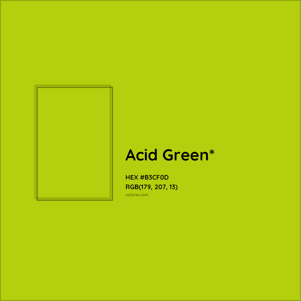 #B3CF0D hex color. RGB, RYB, CMYK, HSL, HSV codes and color conversions. Matching color names, palettes, paints.