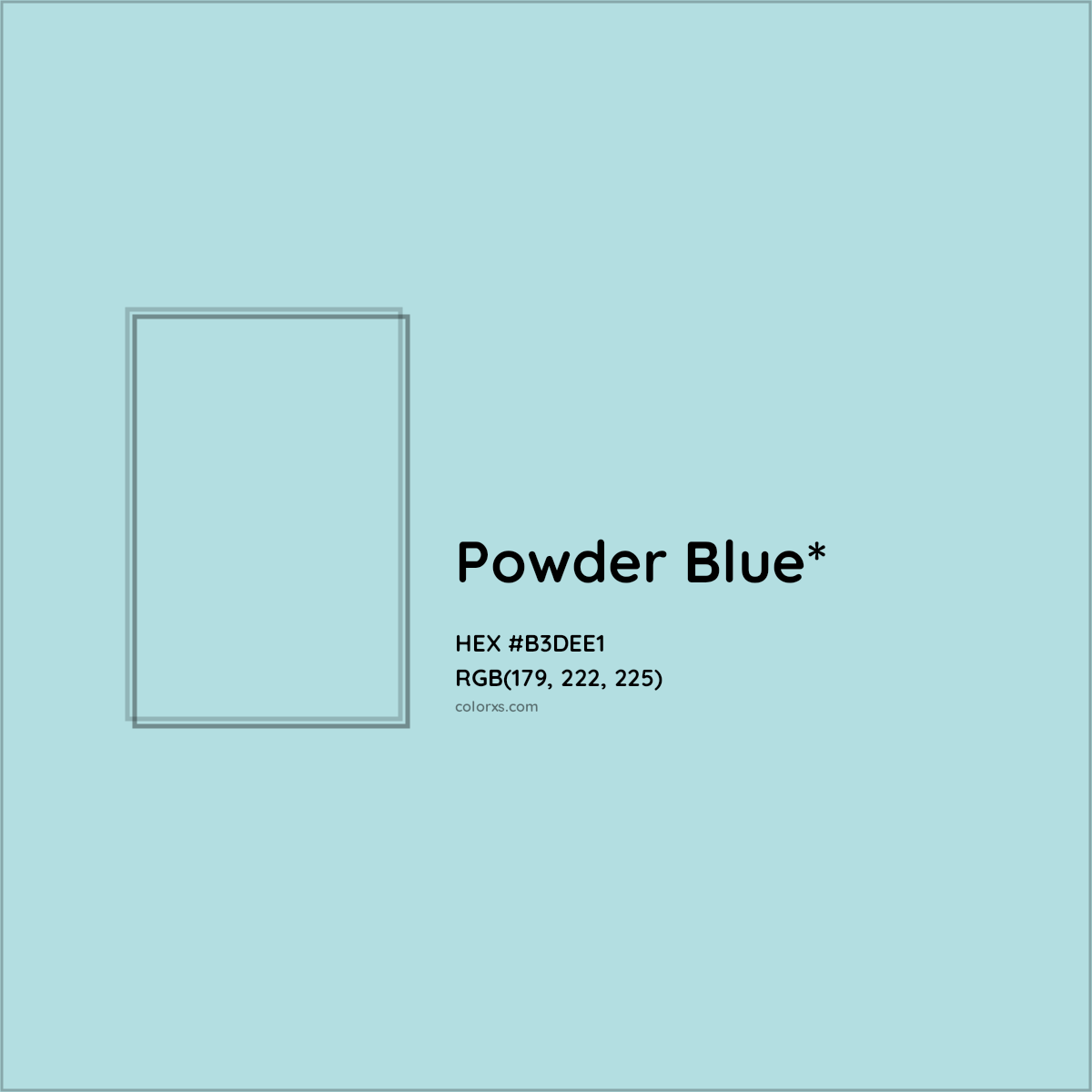 #B3DEE1 hex color. RGB, RYB, CMYK, HSL, HSV codes and color conversions. Matching color names, palettes, paints.