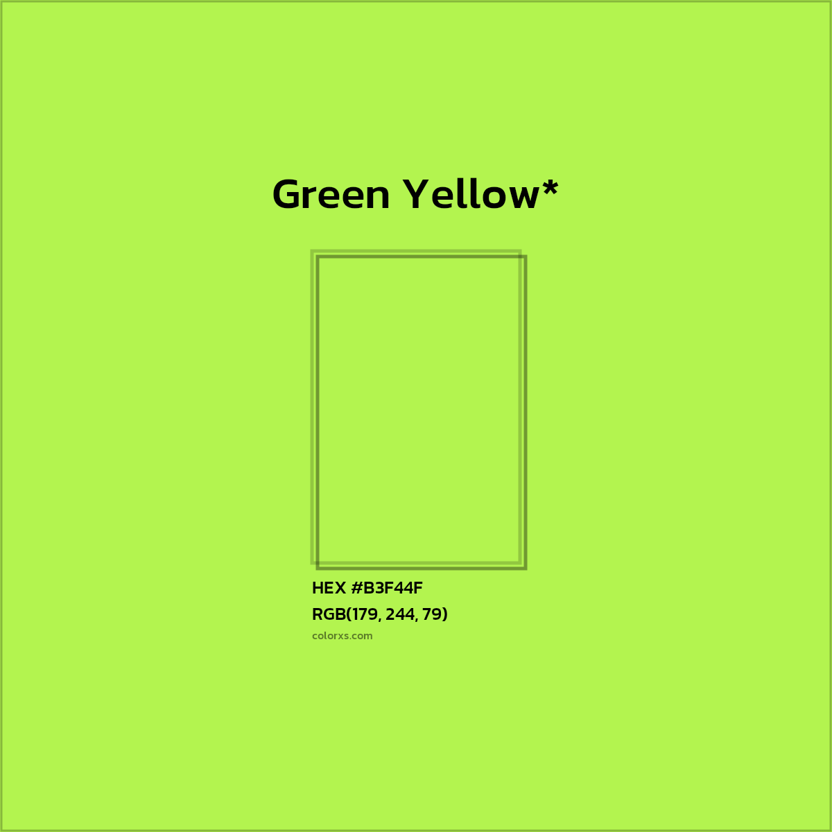 #B3F44F hex color. RGB, RYB, CMYK, HSL, HSV codes and color conversions. Matching color names, palettes, paints.