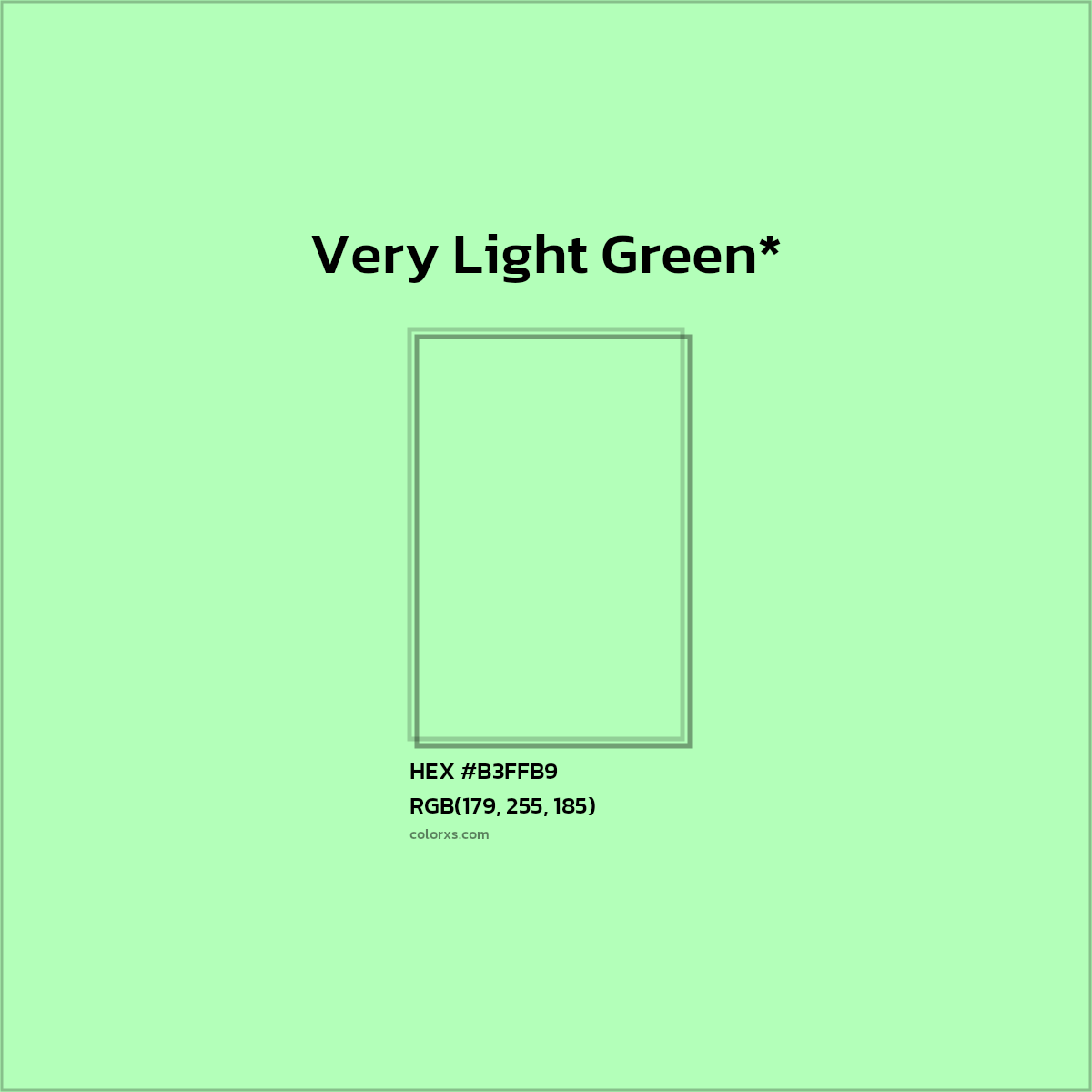 #B3FFB9 hex color. RGB, RYB, CMYK, HSL, HSV codes and color conversions. Matching color names, palettes, paints.
