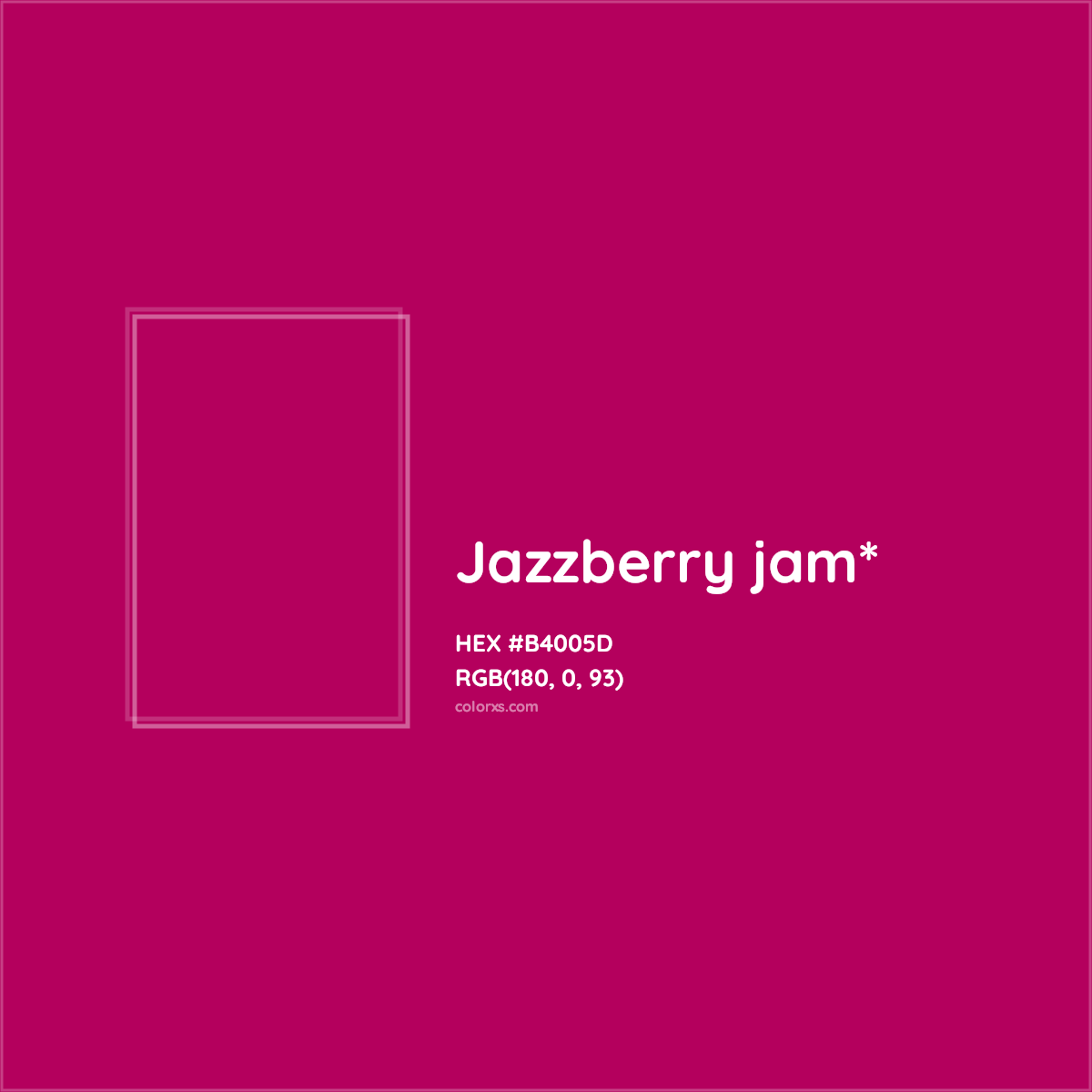 #B4005D hex color. RGB, RYB, CMYK, HSL, HSV codes and color conversions. Matching color names, palettes, paints.