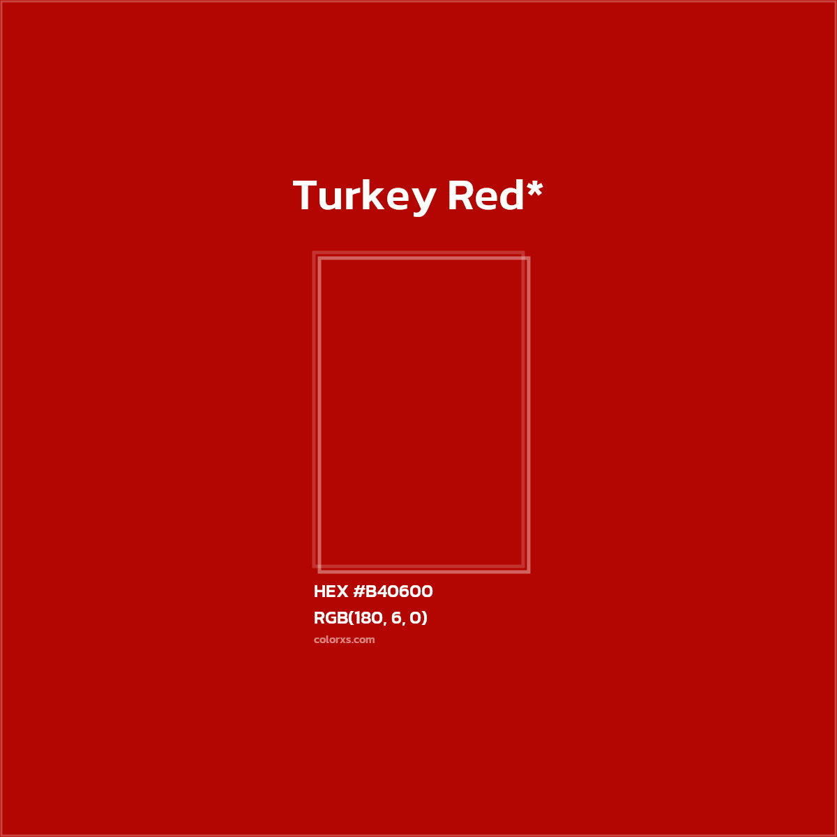 #B40600 hex color. RGB, RYB, CMYK, HSL, HSV codes and color conversions. Matching color names, palettes, paints.