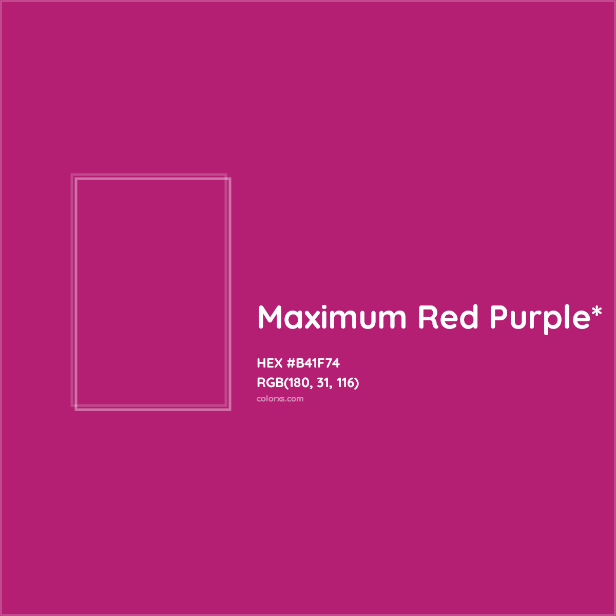 #B41F74 hex color. RGB, RYB, CMYK, HSL, HSV codes and color conversions. Matching color names, palettes, paints.